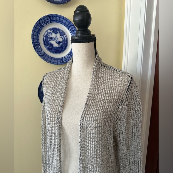 Eileen Fisher | 100% Linen Open Stitch Longline Drape Front Cardigan - Picture 3 of 8